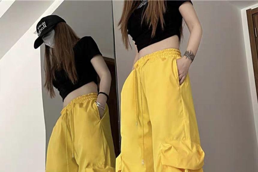 Mid Rise Plain Drawstring Cargo Baggy Pants Product Image