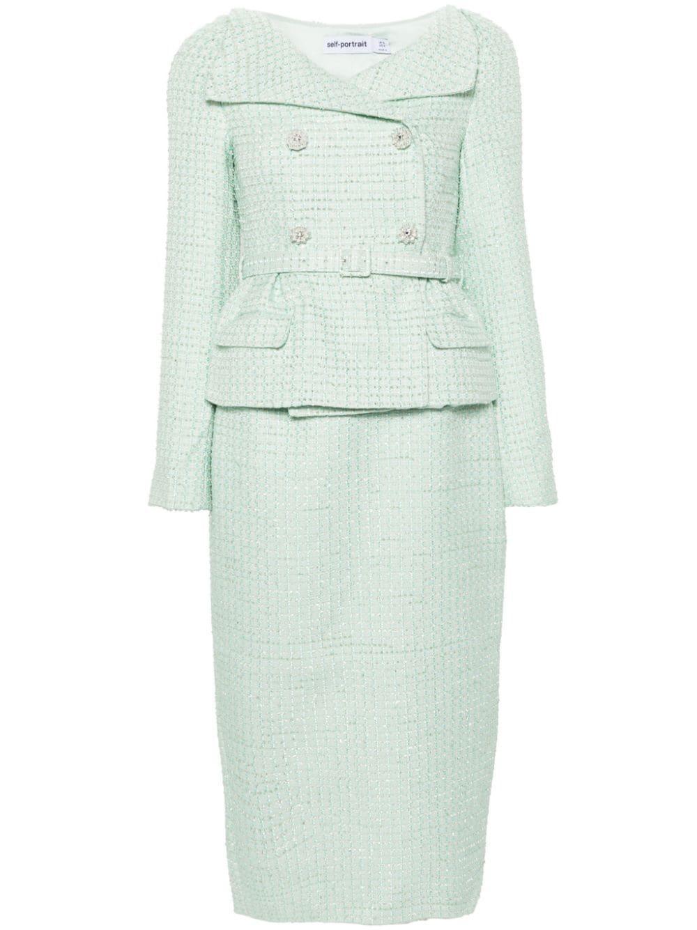 Double-breasted Tweed Midi Dress In Green Product Image