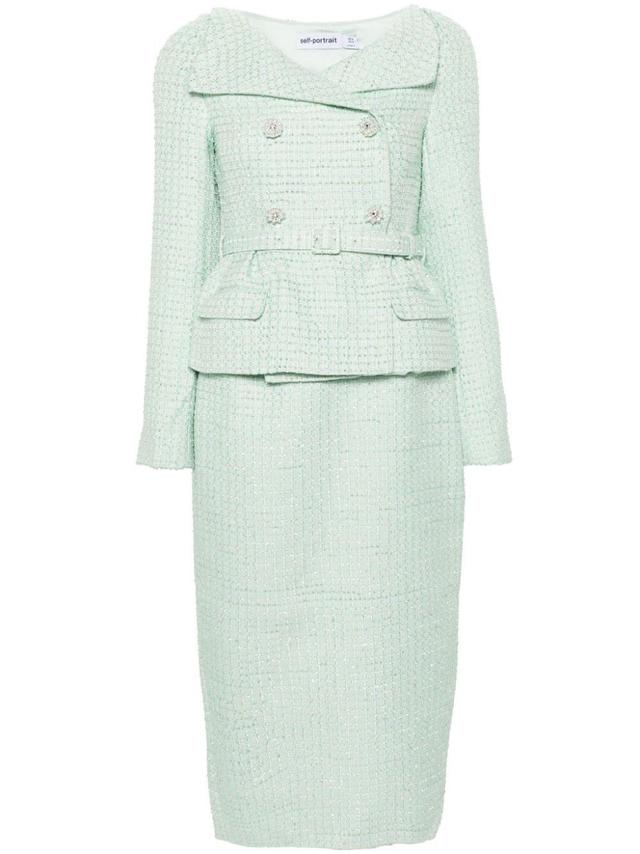 Double-breasted Tweed Midi Dress In Green Product Image