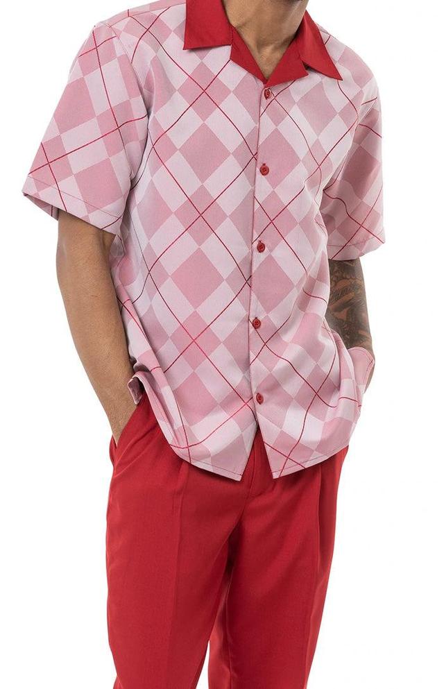 (M) Red 2 Piece Short Sleeve Men's Summer Walking Suit Argyle Pattern Male Product Image