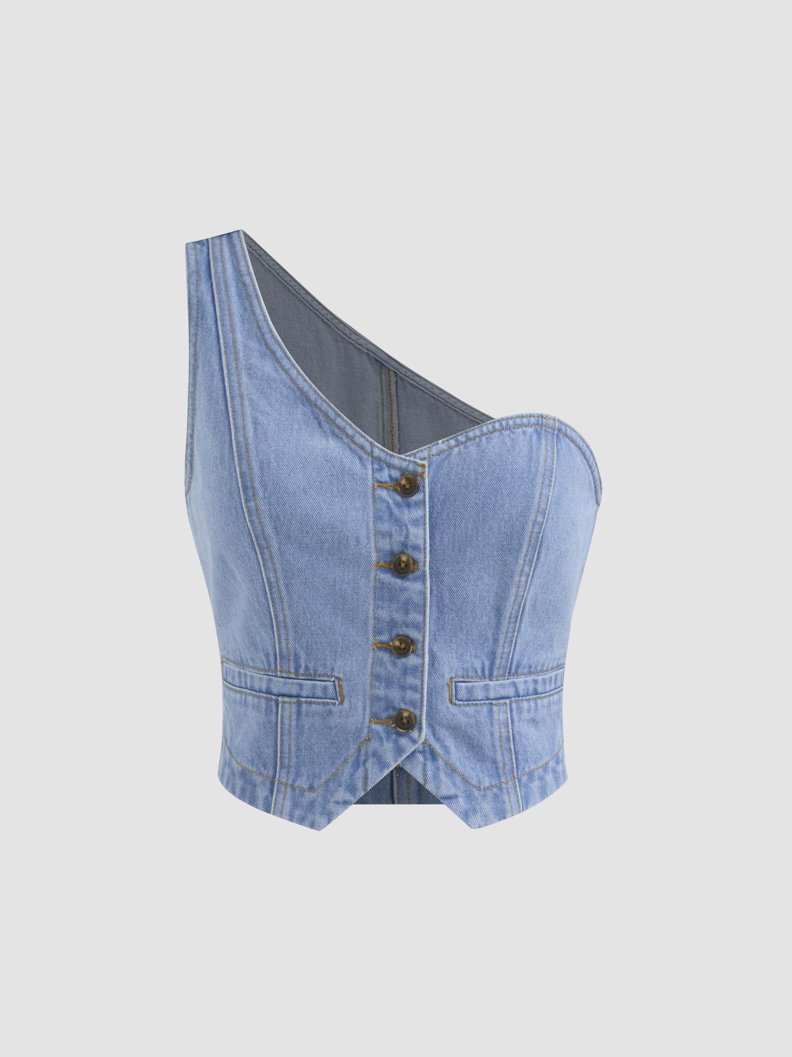 Denim Asymmetrical Neck Solid Button Crop Top Product Image