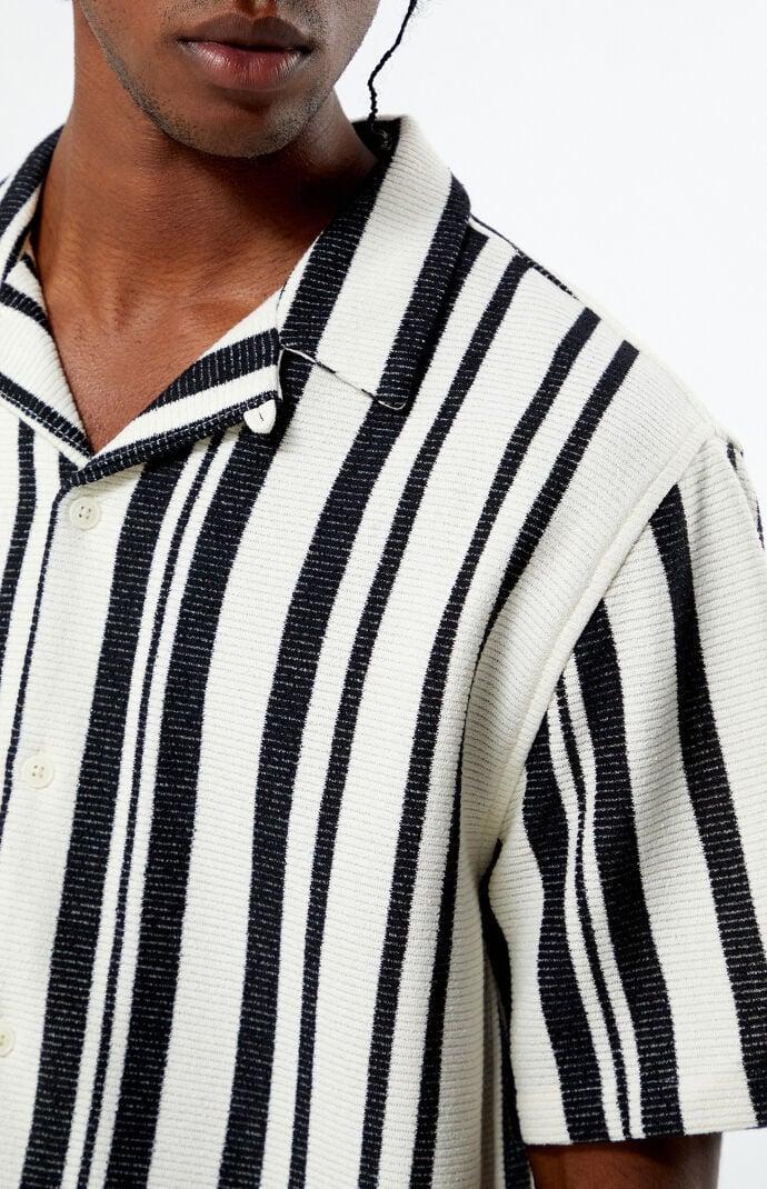 Men's Textured Stripe Camp Shirt in Black/Cream - Product Image