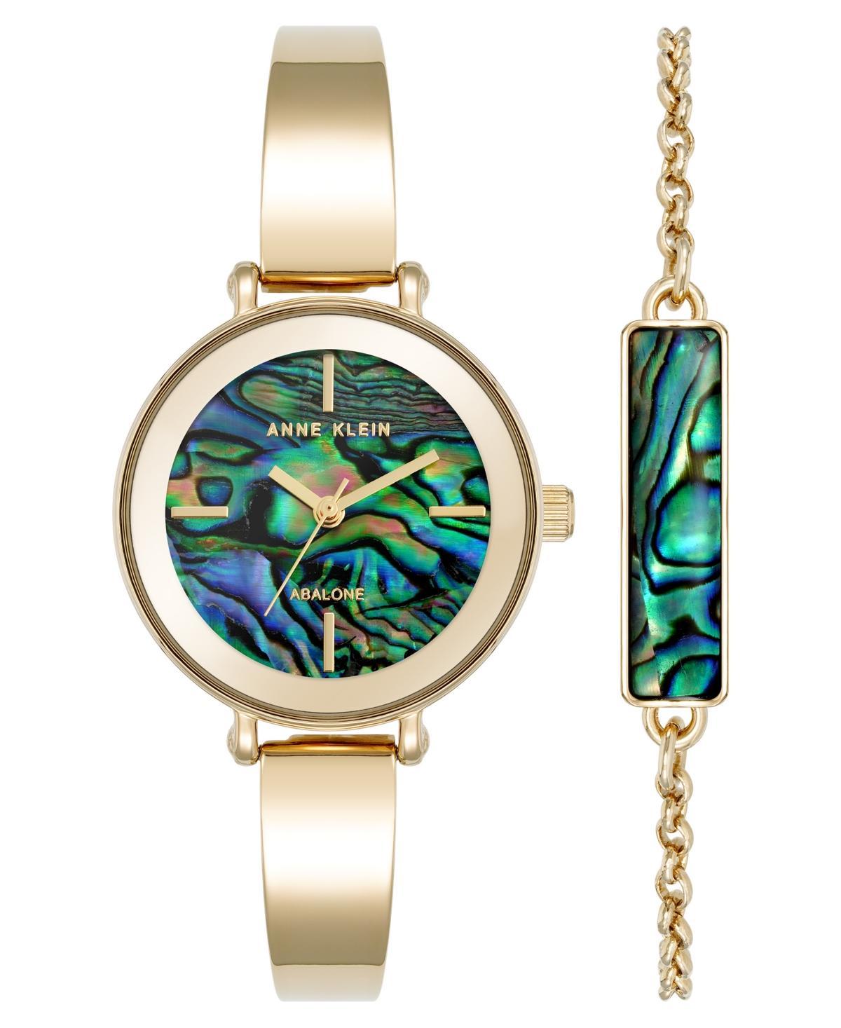 Anne Klein Womens Quartz Round Abalone Gemstone Gold-Tone Alloy Metal Bangle Watch Set - Blue/Green Product Image