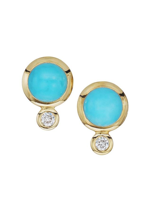 Womens Classis Bouton 18K Yellow Gold, Turquoise & Diamond Stud Earrings Product Image