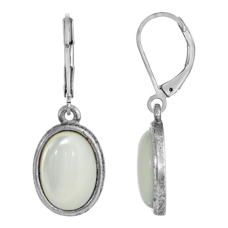 1928 Silver Tone Stone Oval Drop Earrings, Womens, White Product Image