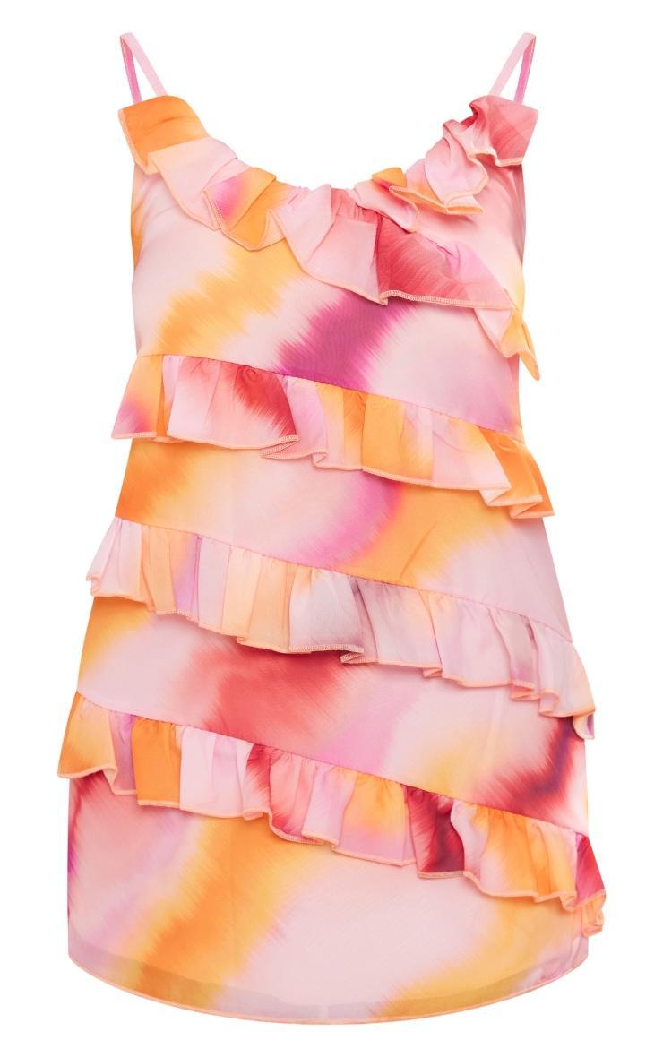 Pink Watercolour Print Asymmetric Frill Strappy Shift Dress Product Image