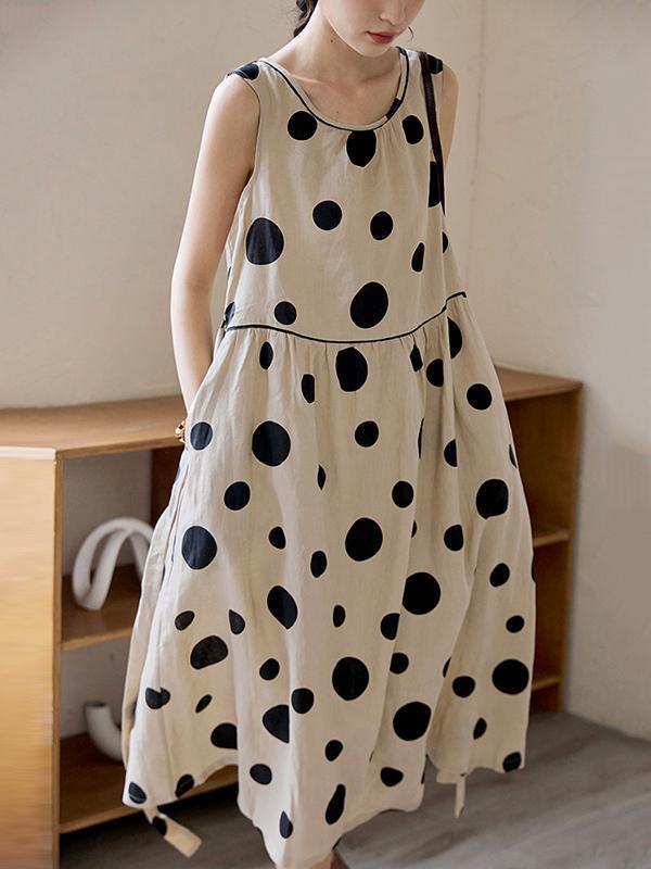 Loose Sleeveless Contrast Color Pleated Polka-Dot Split-Joint Tied Waist Round-Neck Midi Dresses Product Image