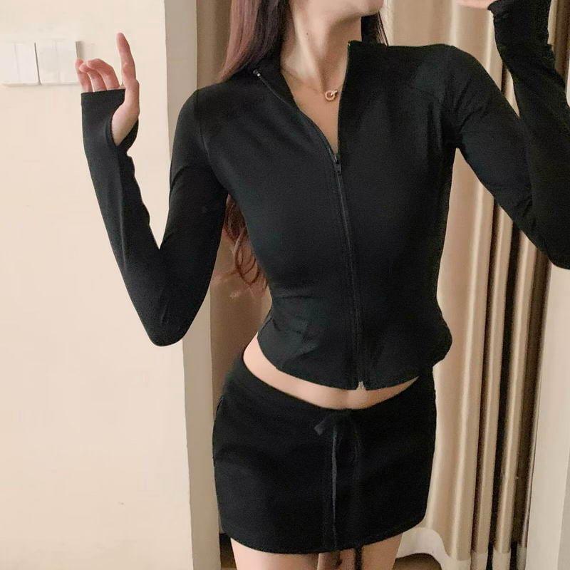 Long-Sleeve Mock Neck Zip-Up Plain Top Product Image