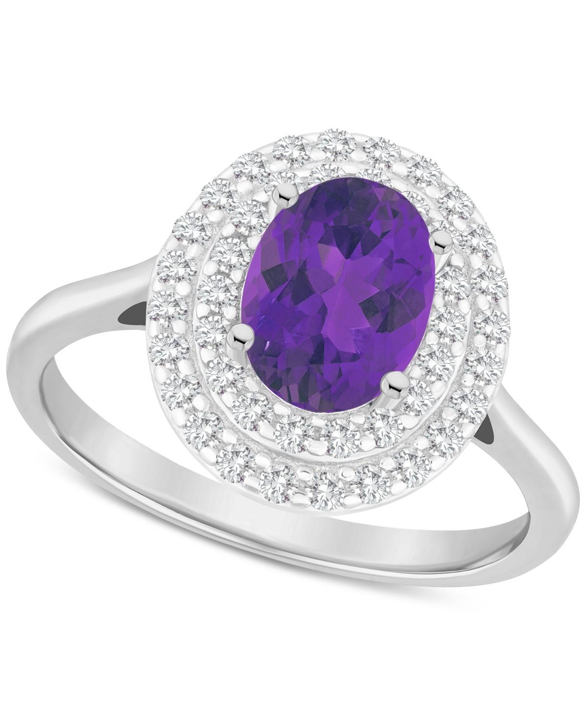 Celebration Gems Sterling Silver Oval-Cut Amethyst & White Topaz Double Halo Ring, Womens Purple Product Image