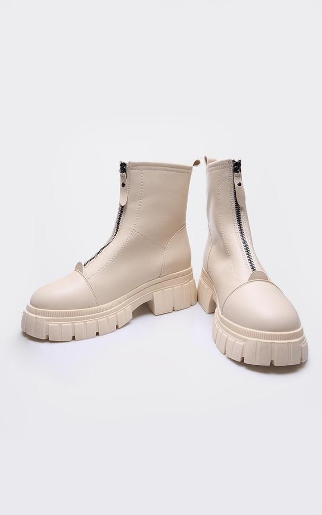 Cream Ribbed Chunky Sole Zip Up Ankle Boots Product Image