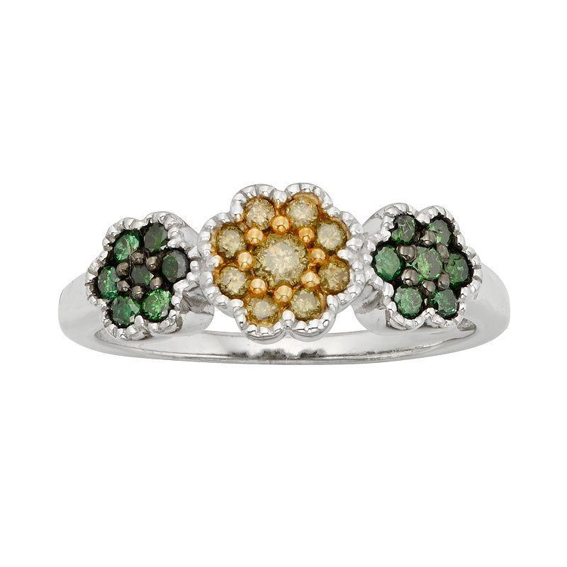 Jewelexcess Sterling Silver 1/2-ct. T.W. Green and Yellow Diamond Flower Ring, Womens Multicolor Product Image