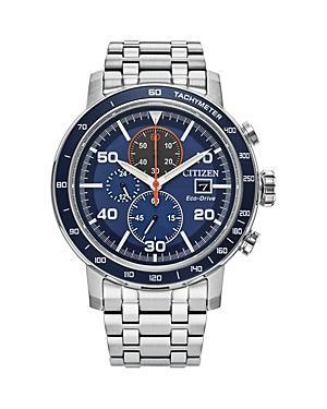 Men's Citizen Eco-DriveÂ® Brycen Chronograph Silver-Tone Watch with Blue Dial (Model: Ca0850-59L) Product Image