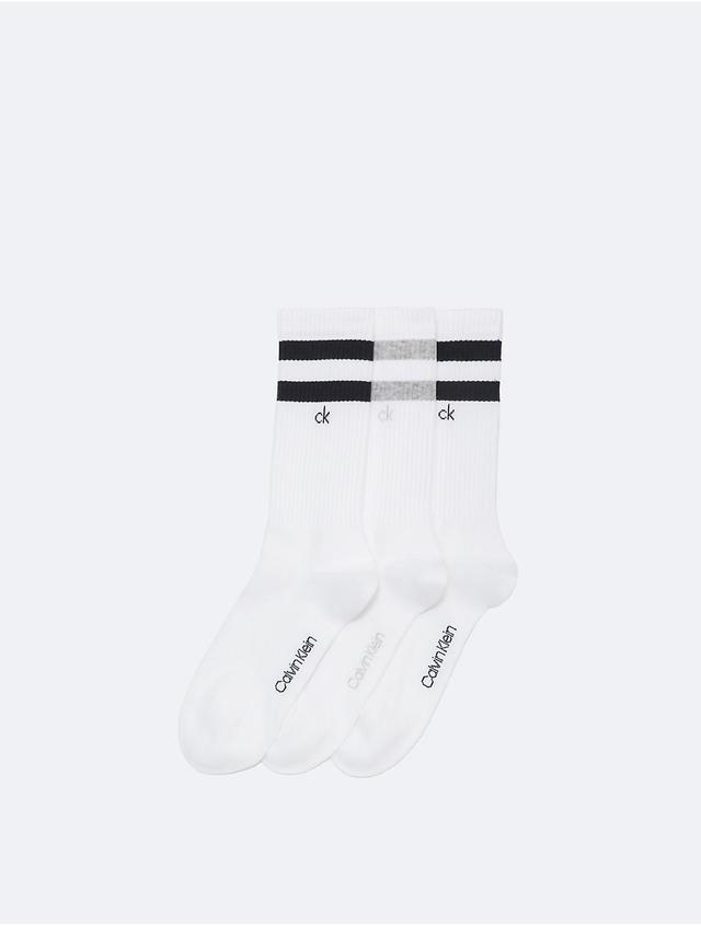 Calvin Klein Mens Double Stripe Logo 3-Pack Crew Socks - White Product Image