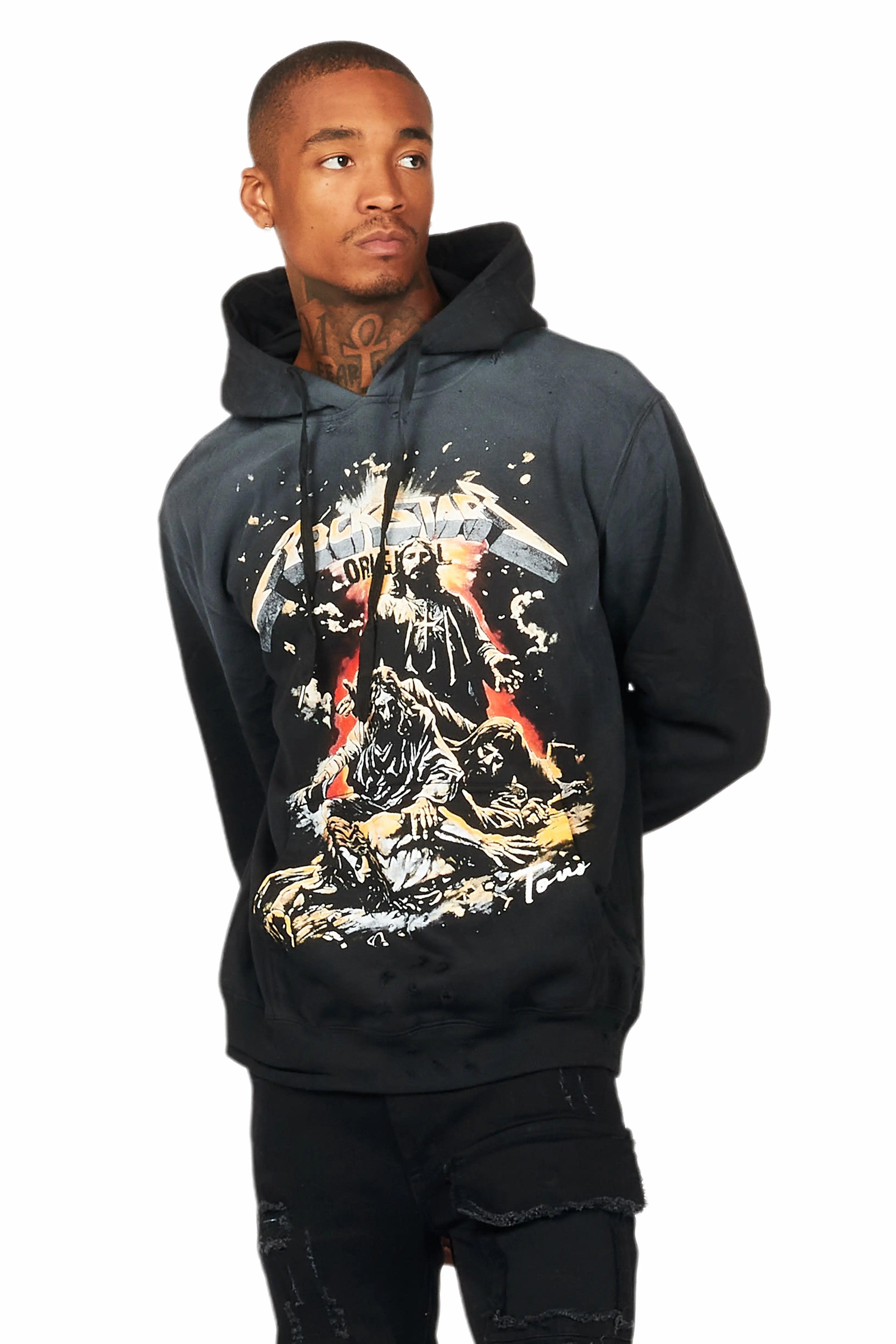 Akando Black Graphic Distressed Hoodie Male Product Image