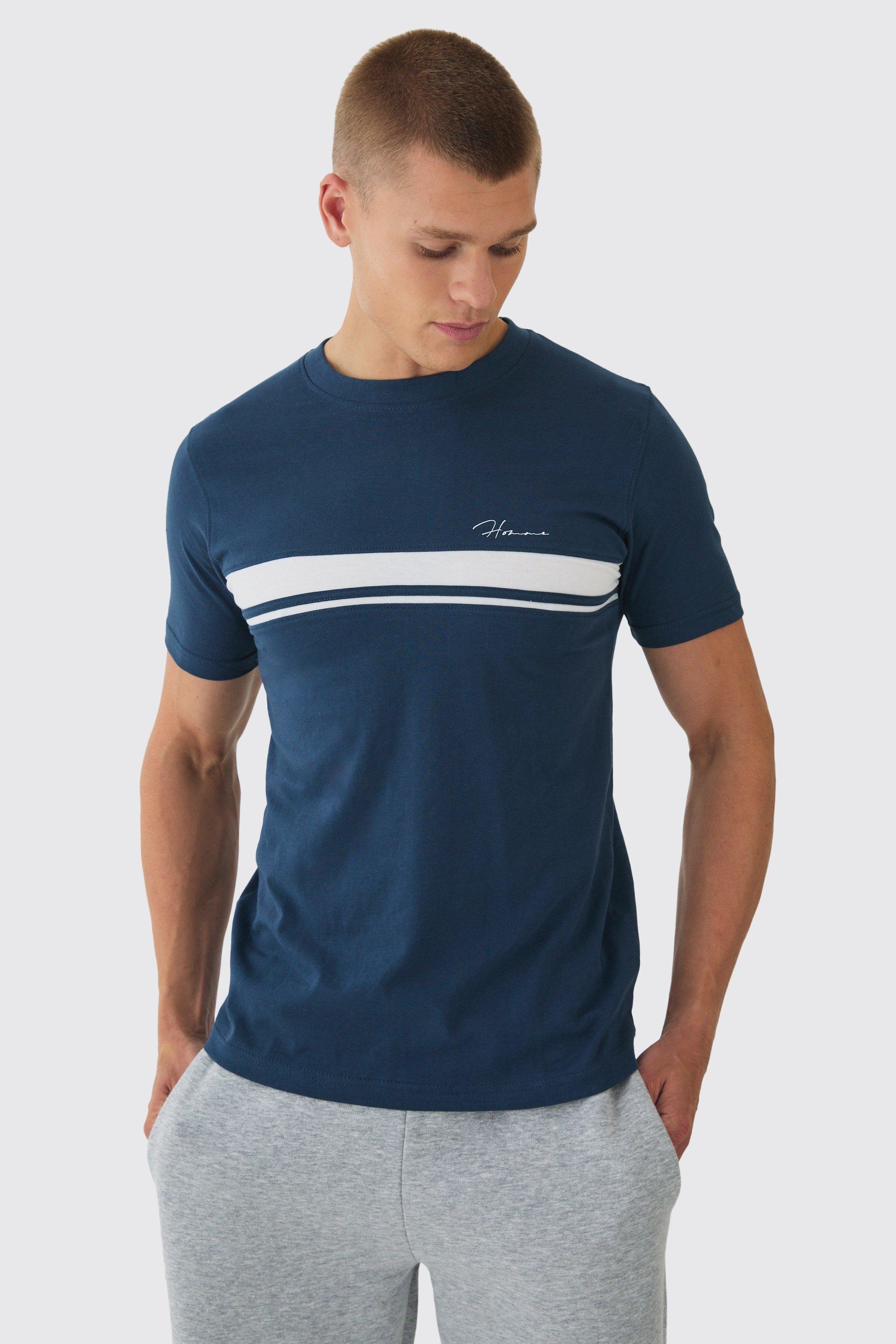 Mens Navy Slim Homme Script Colour Block T-shirt, Navy Product Image