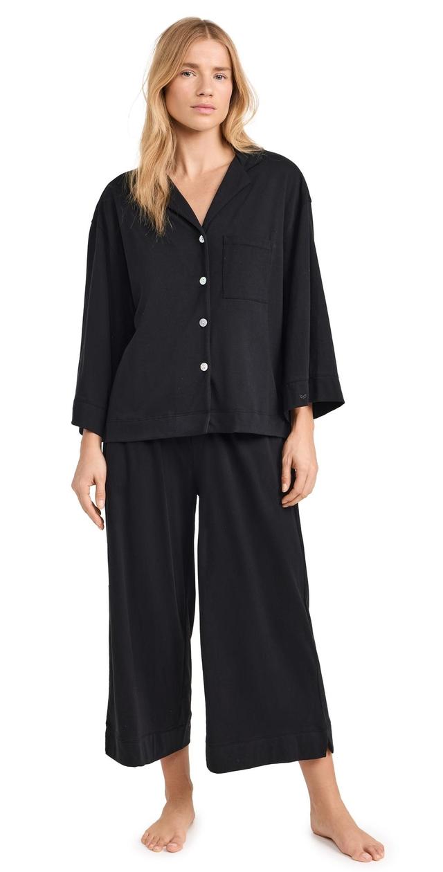 Petite Plume Womens Luxe Pima Black Wide Leg Pajama Set Black XL Product Image