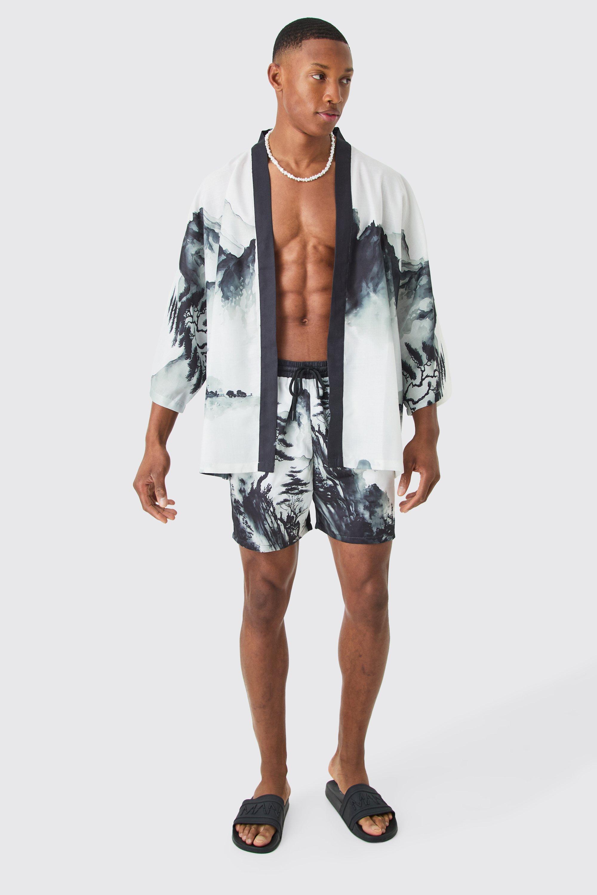 Mens Black Oversized Printed Kimono Shirt And Swim Short Set, Black Product Image