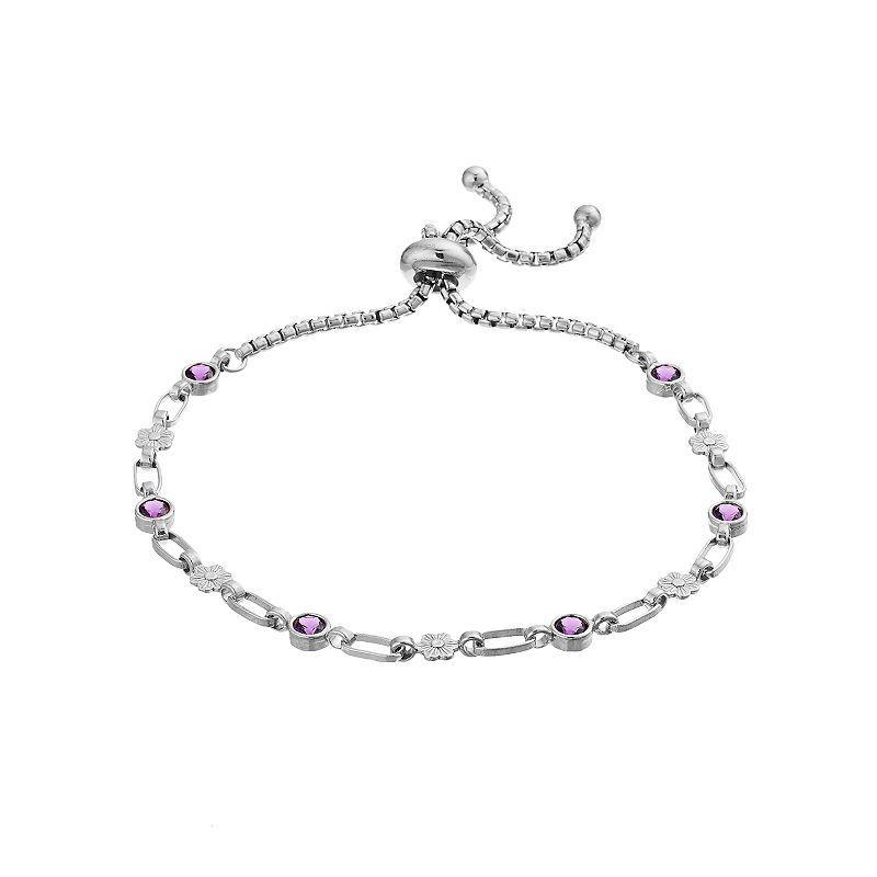 Kristen Kesho Sterling Silver Lab-Created Amethyst & Flower Link Adjustable Bolo Bracelet, Womens Product Image