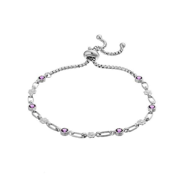 Kristen Kesho Sterling Silver Lab-Created Amethyst & Flower Link Adjustable Bolo Bracelet, Womens Grey Product Image