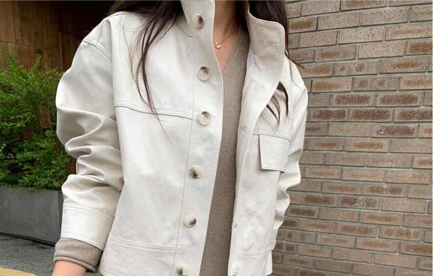 Stand Collar Plain Button-Up Faux Leather Jacket Product Image