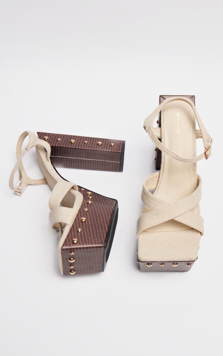 Beige Linen Look Square Toe Studded Trim Platform Sandals Product Image