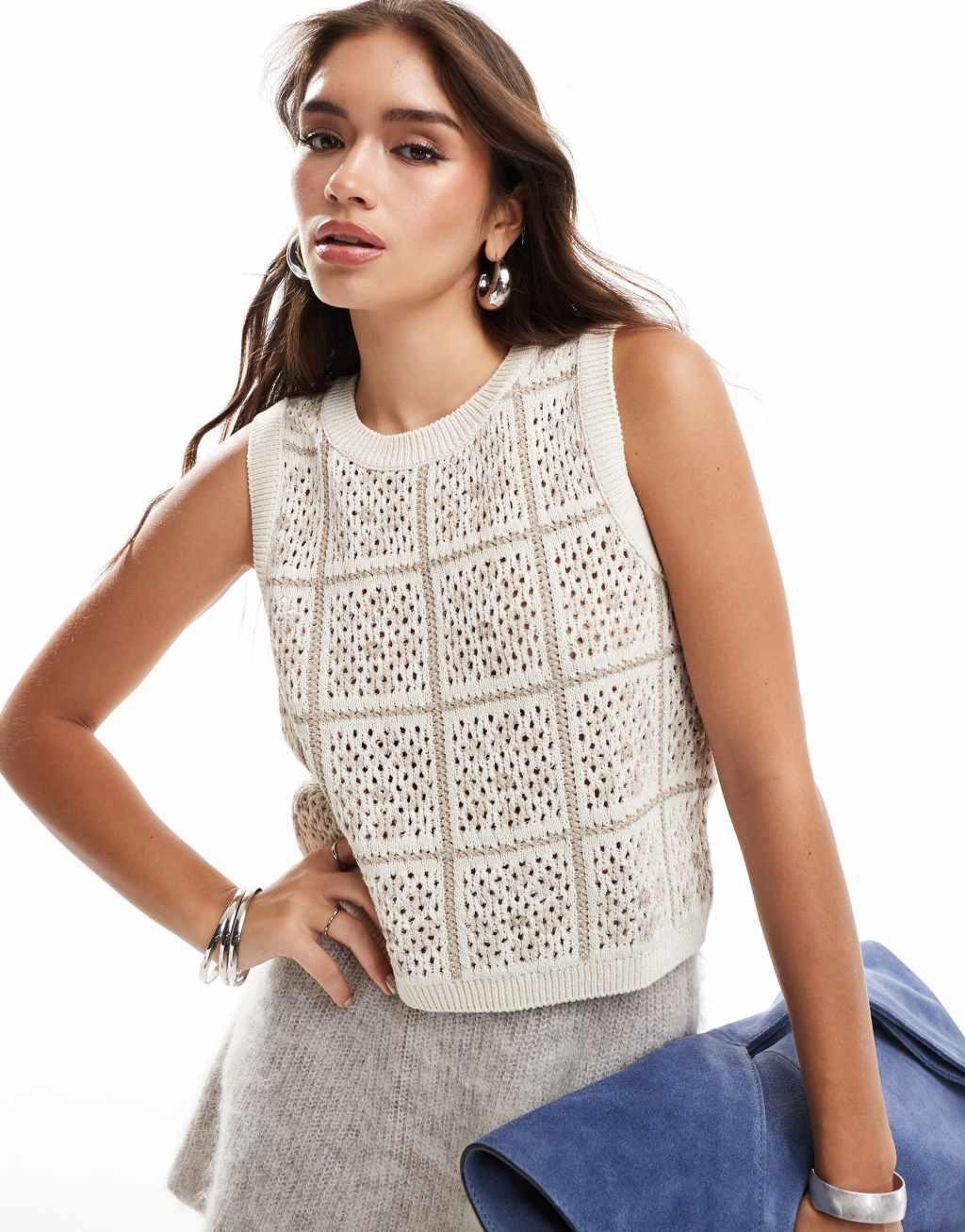 JDY cropped open knit tank top in cream  Product Image