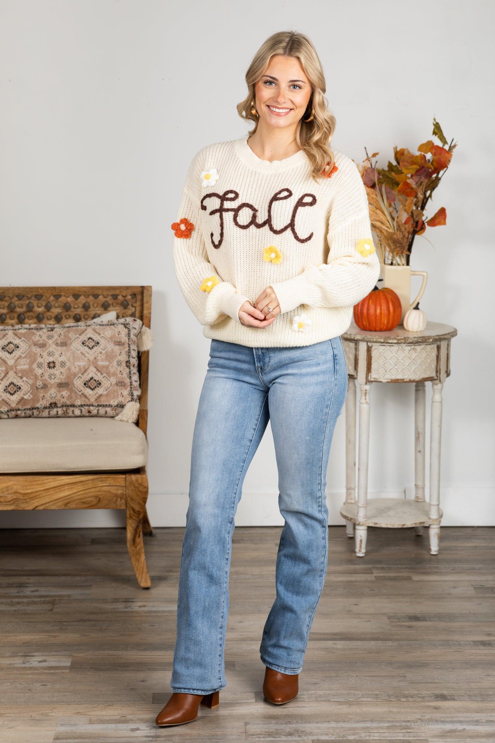 Cream Fall Yarn Stitching Flower Sweater Product Image