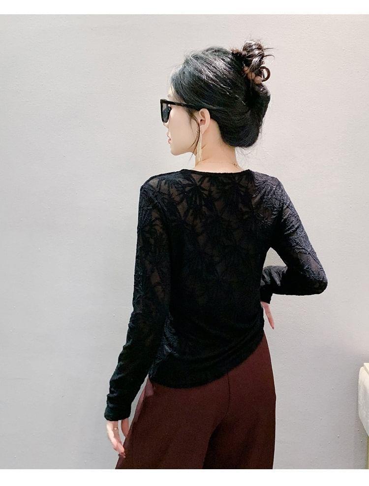 Long-Sleeve V-Neck Knotted Lace Top Product Image