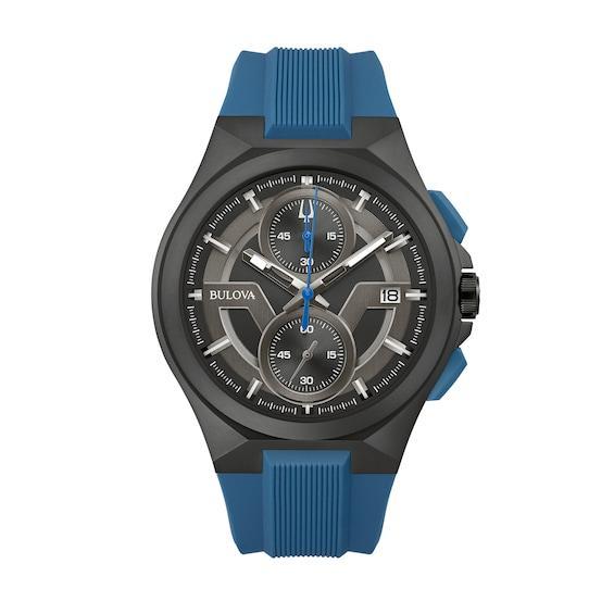 Men's Bulova Maquina Black IP Chronograph Blue Strap Watch with Black Dial (Model: 98B380) Product Image