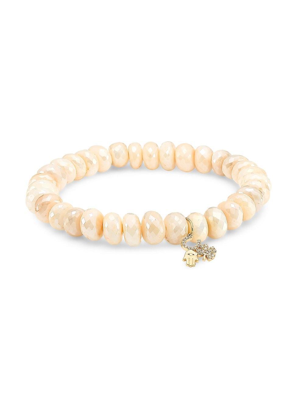 Womens Large 14K Yellow Gold, Moonstone & Diamond Protection Charm Beaded Bracelet Product Image