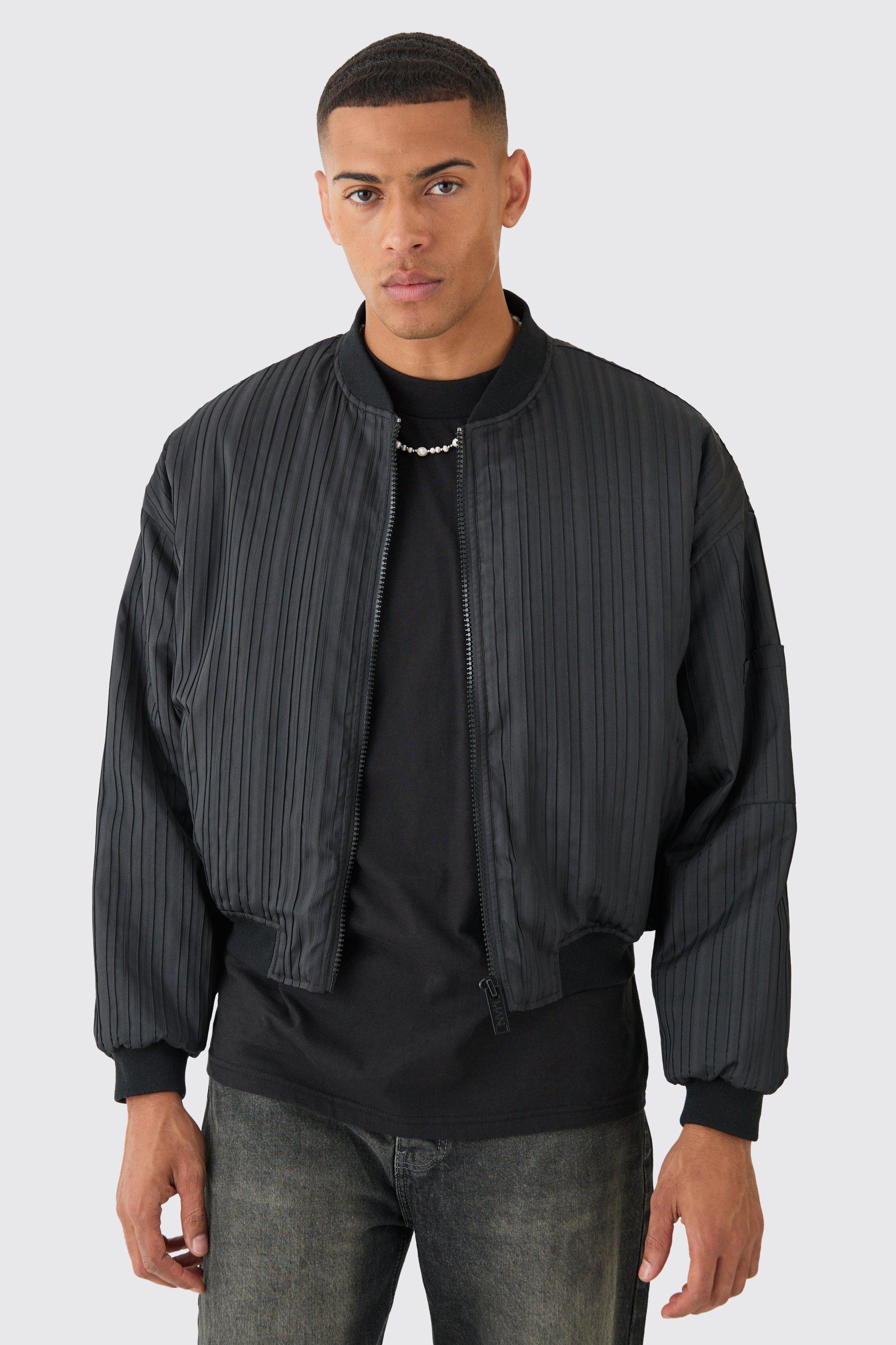 Mens Pleated Bomber Jacket In Black, Black Product Image