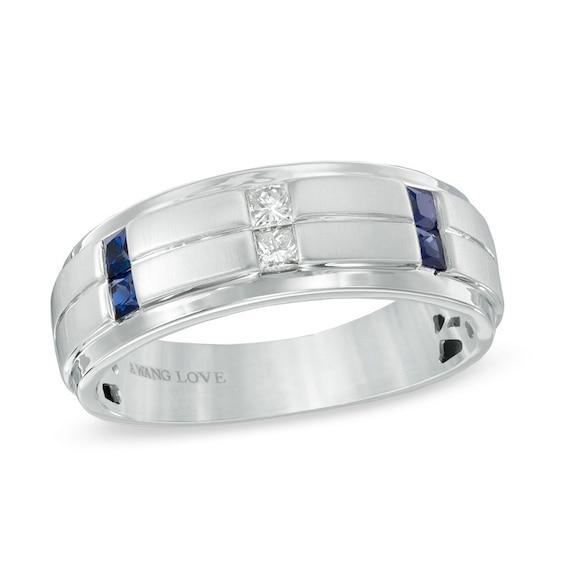 Vera Wang Love Collection Men's 1/8 CT. T.w. Diamond and Blue Sapphire Wedding Band in 14K White Gold Product Image