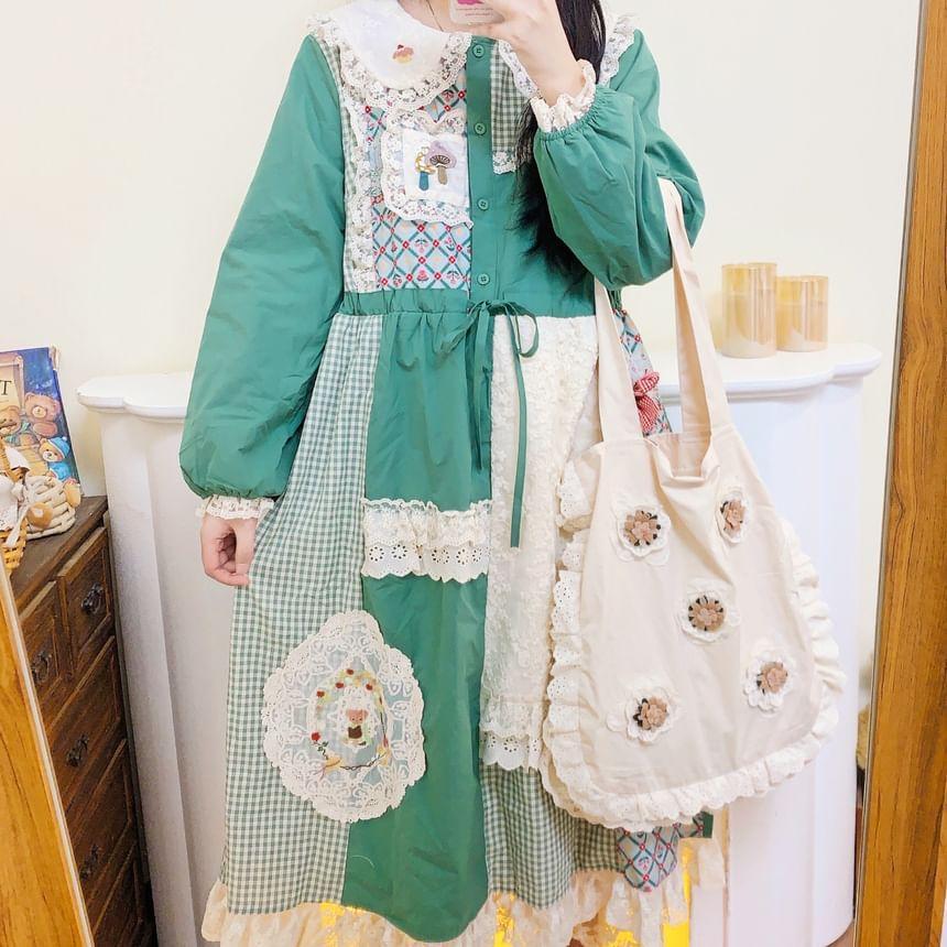 Long-Sleeve Peter Pan Collar Floral Print Gingham Panel Embroidered Applique Lace Trim Midi Tunic Dress Product Image