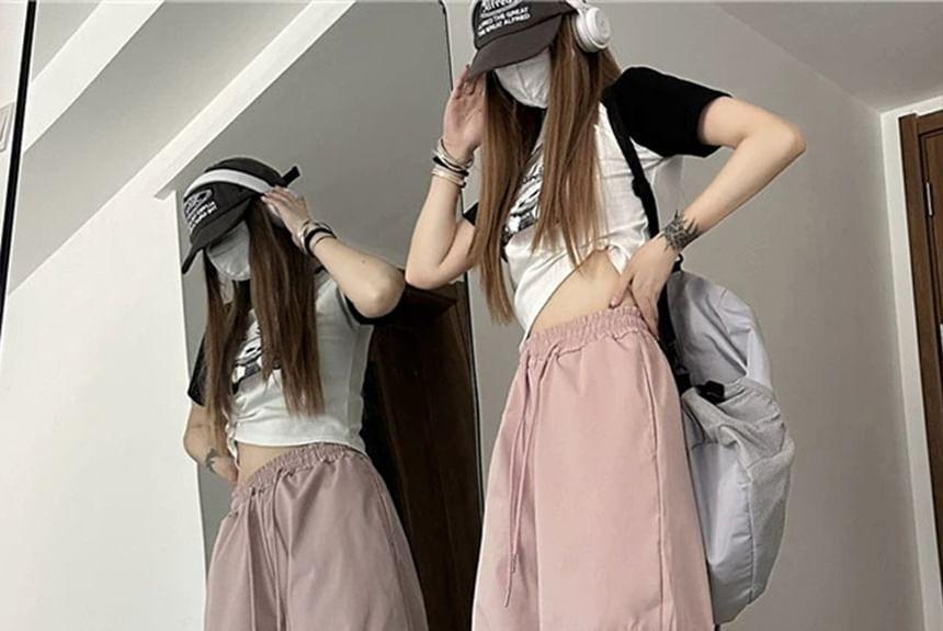 Mid Rise Plain Drawstring Cargo Baggy Pants Product Image