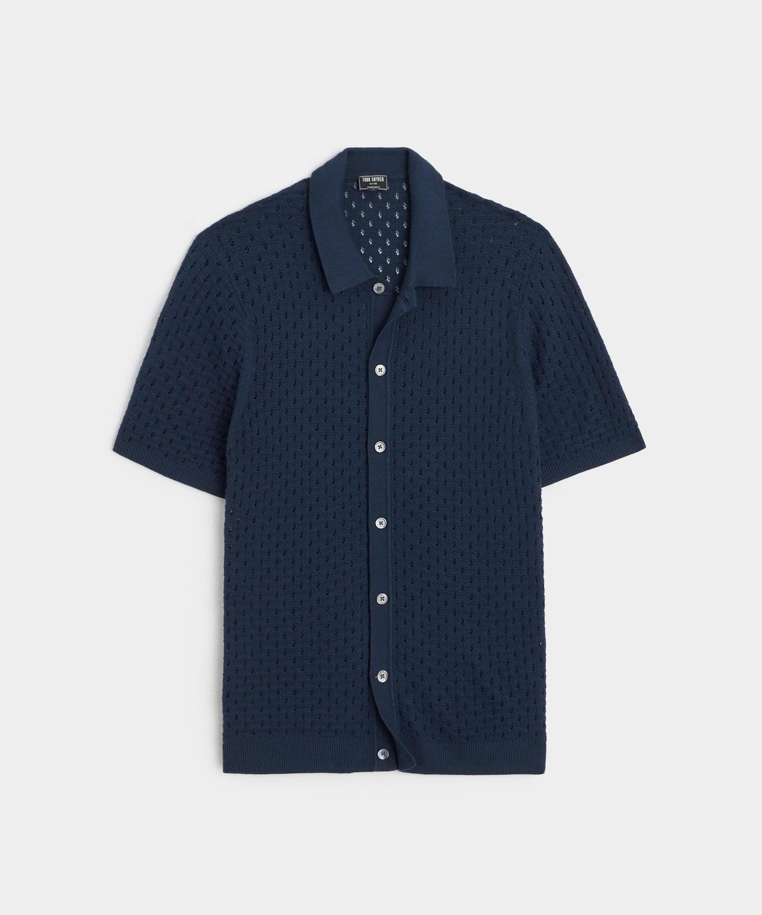 Open-Stitch Full-Placket Polo in Navy Product Image