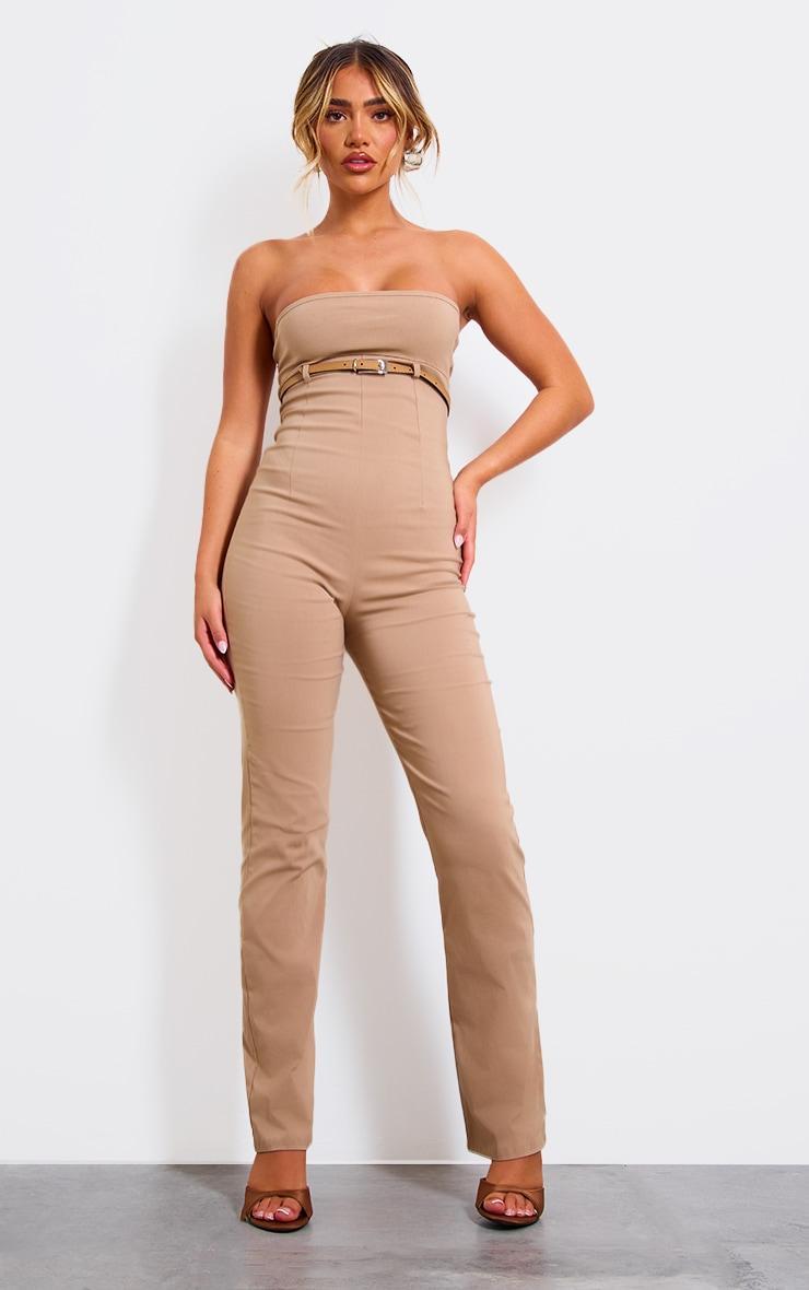 Taupe Stretch Woven Belted Bandeau Jumpsuit Product Image