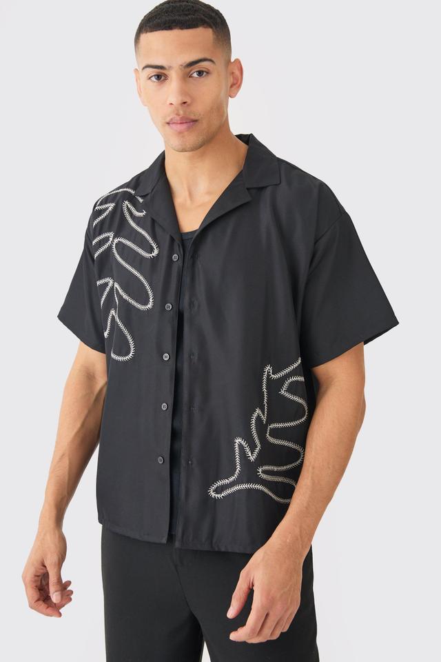 Boxy Soft Twill Cartoon Leaf Embroidered Shirt | boohooMAN USA Product Image