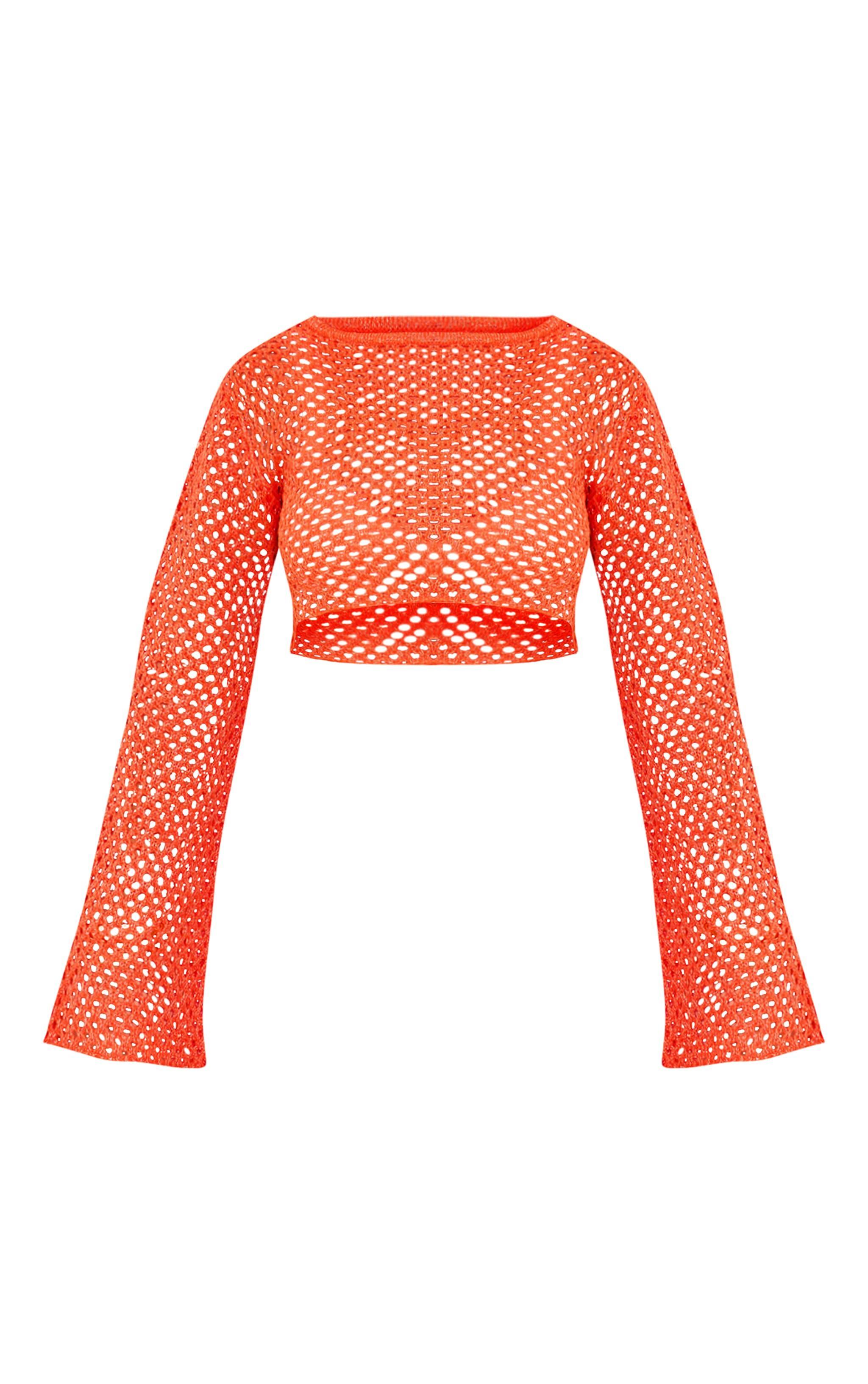 Coral Open Crochet Glitter Flared Sleeve Crop Top Product Image