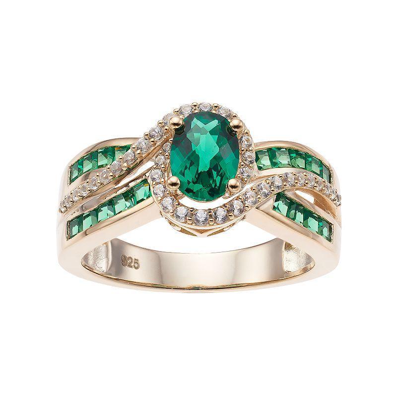 14k Gold Over Silver Lab-Created Emerald & White Sapphire Oval Halo Ring, Womens Gold Tone Product Image