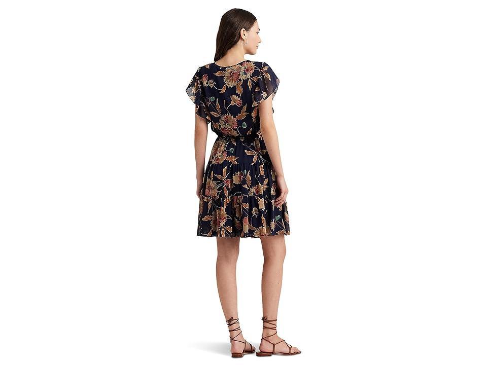 LAUREN Ralph Lauren Floral Crinkle Georgette Tie Neck Dress Tan/Multi) Women's Dress Product Image