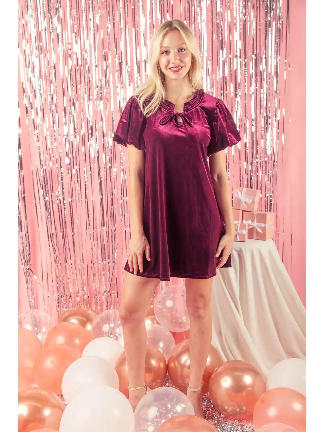 Puff Short Sleeve Velvet Holiday Mini Dress on Female Product Image