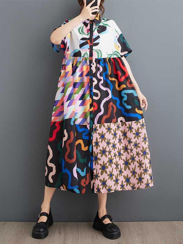 A-line Loose Buttoned Printed Split-Joint Lapel Midi Dresses Shirt Dress Product Image