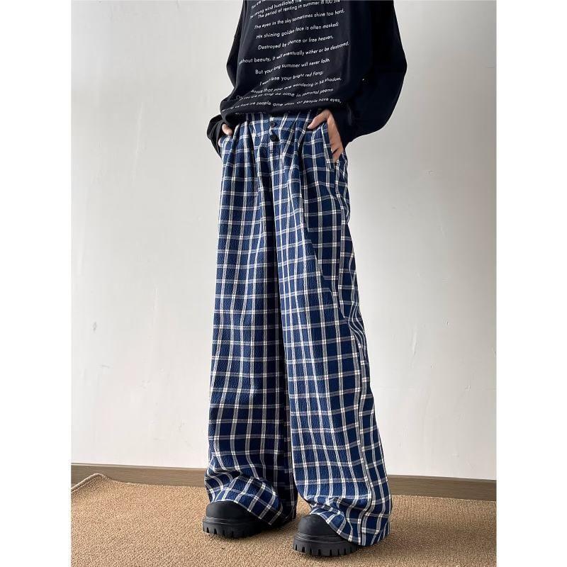 Mid Rise Plaid Wide Leg Pants Product Image