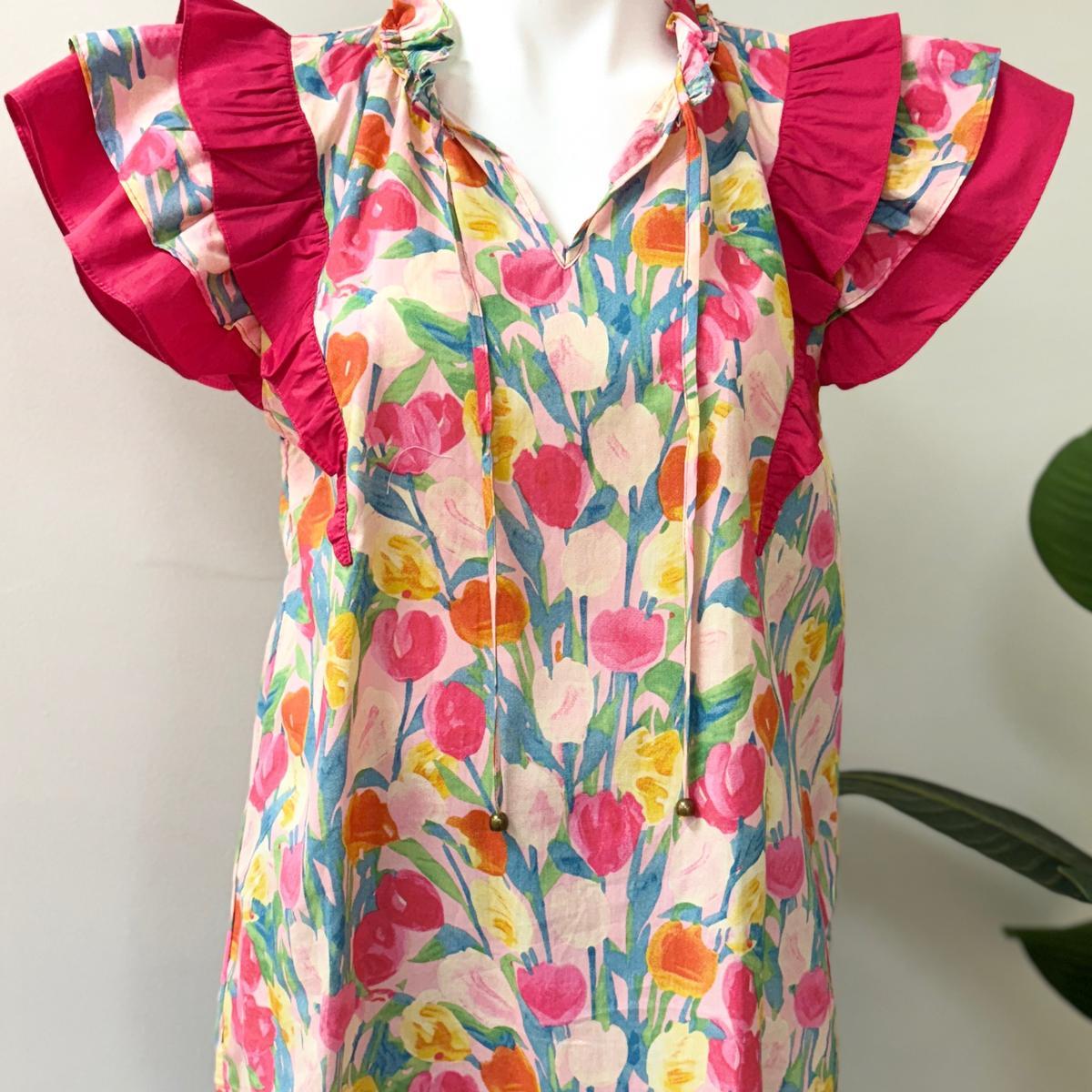 Pink Floral Tiered Ruffle Sleeve Blouse Product Image