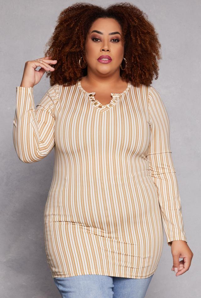 Womens Plus Size Striped Snap Button Notch Neck Top Product Image