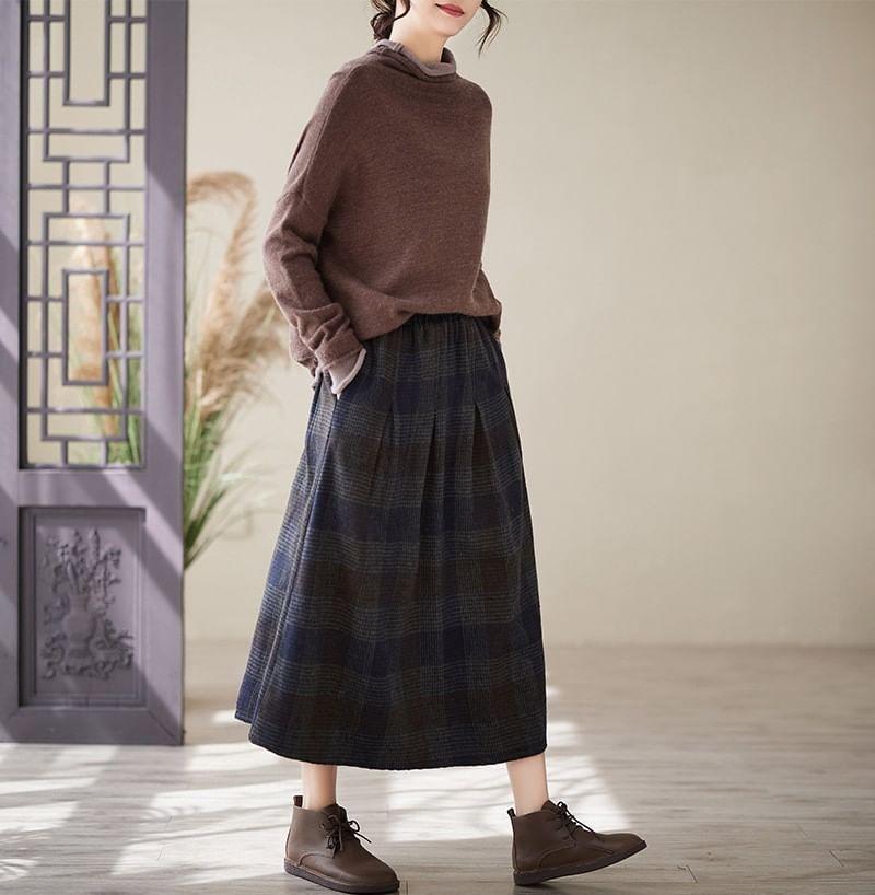 Elastic Waist Plaid Midi A-Line Skirt Product Image