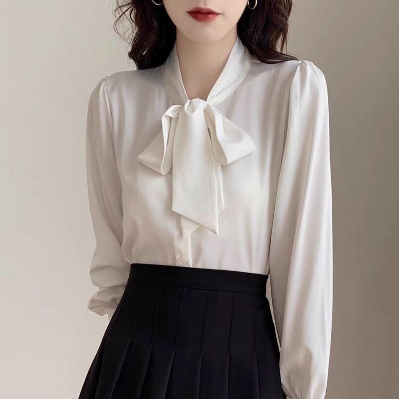 Long-Sleeve Ribbon Neck Plain Blouse Product Image