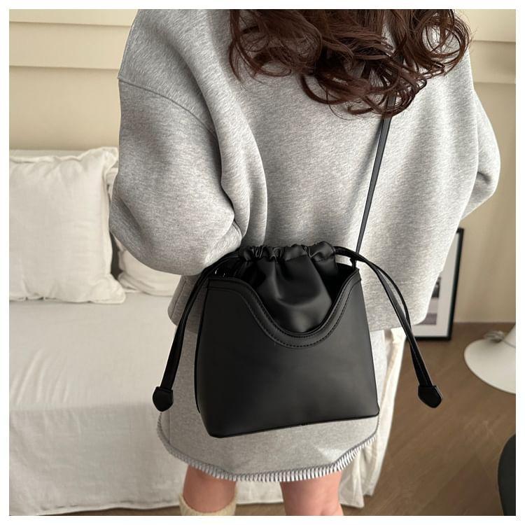 Plain Drawstring Faux Leather Bucket Bag Product Image