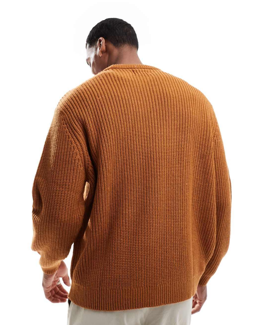 ASOS DESIGN oversized knitted fisherman rib sweater in tan Product Image