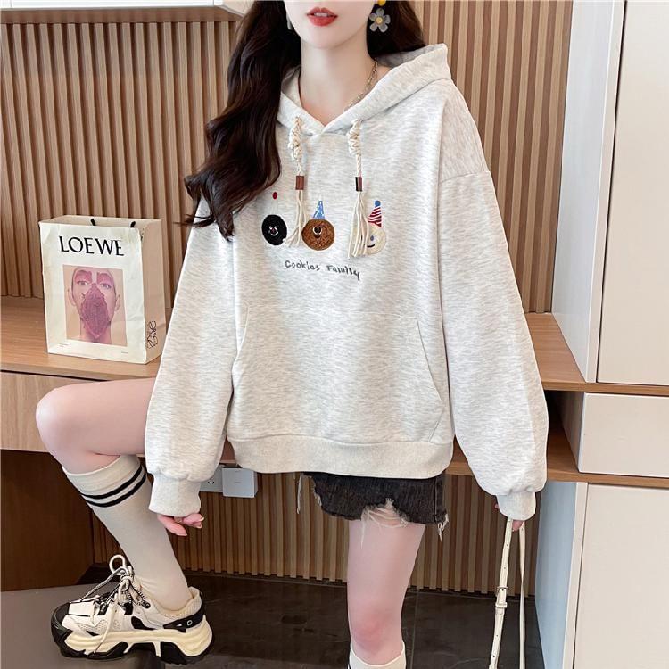 Cartoon Embroidered Drawstring Hoodie Product Image